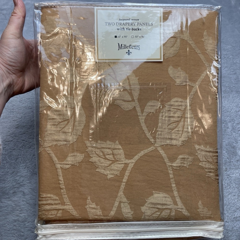 NIP 2 Millefleurs Drapery Panels 50"x90" Gold Jacquard 1 pair Tieβ Backs Regency